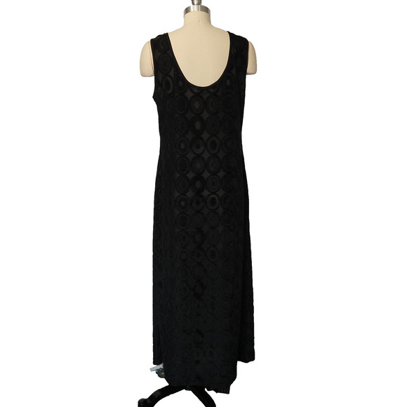 Vintage 90s Black Maxi Dress Size L Lapis Geo Burnout Semi Sheer Mod Flocked - Picture 8 of 9
